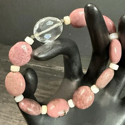 Natural Pink Rhodonite Flat Beaded w/ Clear Glass Stretchable 7” Bracelet - Image 1 of 4