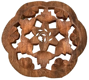 Hand Carved Wood Floral Inlay Leaves Trivet Plant Stand Made In India Vintage 8" - Picture 1 of 3