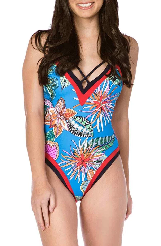 Trina Turk 9920 Womens Blue Tahiti Tropical One-piece Swimsuit Size 8