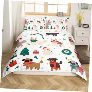 Merry Christmas Comforter Cover Size Cartoon Dog Duvet Cover for Twin White - Picture 1 of 7