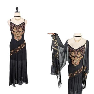 Vintage Sue Wong Maxi Dress Prom Gown 10 Black Pink Silk Y2K Fairy Bead Floral - Picture 1 of 15