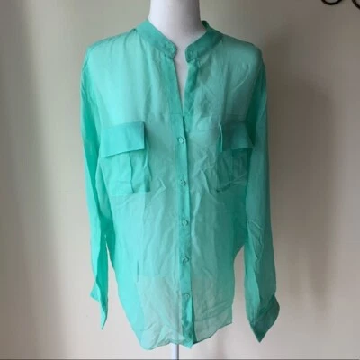 Camisa Erin Fetherston para mujer manga larga con botones espuma de mar verde seda S $189 Foto 1 de 4