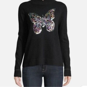 LISA TODD Sequined Butterfly Cashmere Turtleneck Sweater Pullover Black Size S - Picture 1 of 8
