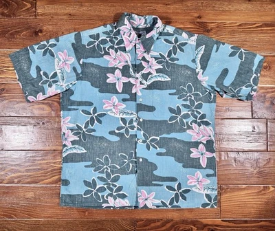 Vintage 90s Reyn Spooner Shirt Sz L Blue Green Tropical Floral Hawaiian Aloha - Image 1 of 4