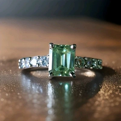 Green EMERALD Cut White MOISSANITE DIAMOND Band RING Size 8 Sterling SILVER_Nwot - Image 1 of 4