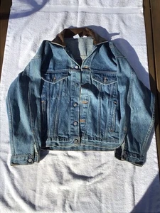 Vintage Mens Small Leather Collar Denim Jean Trucker Jacket SONY MUSIC - Picture 1 of 3