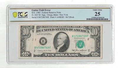 U.S. - 1985 $10.00 Federal Reserve Note Gutter Fold Error - PCGS VF 25 Comments - Image 1 of 2