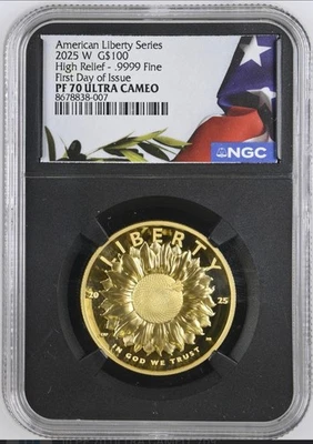 2025 W Prueba de Oro American Liberty Alto Relieve $100 Eagle PF70 Primer Día (Listo) Foto 1 de 2