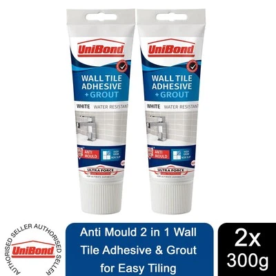 UniBond Anti Mould 2 in 1 Wall Tile Adhesive&Grout for Easy Tiling 300g, 2 Pack
