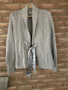 Marina Luna Cardigan Lambs wool Angora Lacy Knit Gray Size Large Tie Closure - Picture 1 of 8