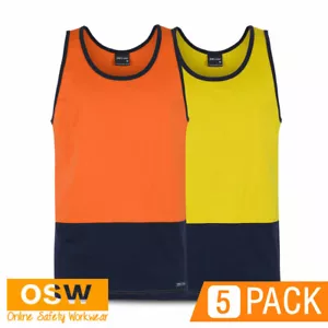 5 x Hi Vis Unisex Mens Womens COTTON Orange/Navy Yellow/Navy Work Singlets 6HTCS - Picture 1 of 8