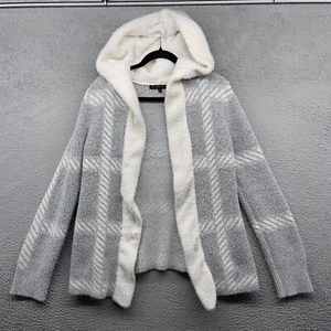 Adrienne Vittadini Womens Hooded Open Cardigan Sweater Gray Check Knit Size S - Picture 1 of 11