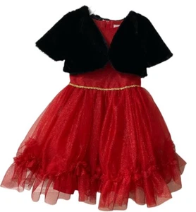 Girls Dress Pageant Christmas Formal Size 5 Red Black Ruffles Lined Gold Trim - Picture 1 of 12