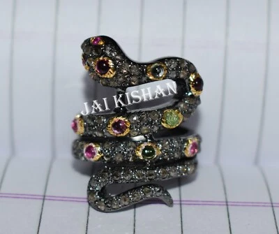 Schlange Turmalin Edelstein Pflastern Diamant 925 Sterlingsilber Ring Unikat - Bild 1 von 4
