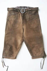 Glattleder verspeckt Vintage Lederhose Trachten Stickerei Kniebund Gürtel Gr.48 - Bild 1 von 8