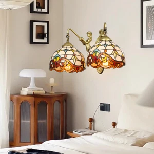 Double Heads Antique Brass Wall Mount Light Tiffany Glass Dome Shade for Bedroom - Picture 1 of 15