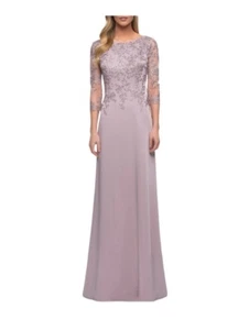 La Femme Jersey Gown with Boat Neckline and Lace Detailing size 12 mauve color - Picture 1 of 20