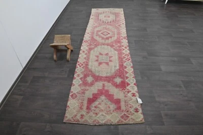 Vintage Turkish Runner Rug 3x11ft Wool Anatolian Handmade Hallway Oushak PINK - Image 1 of 4