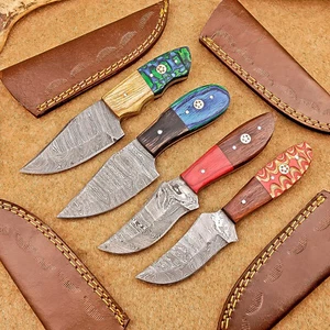 4 Pcs Damascus Blade Skinner Knives Set | 8" | Wood Handle Leather Sheath IT-117 - Picture 1 of 8