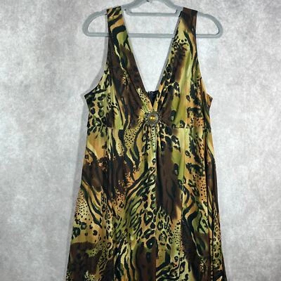 Vintage Midnight Velvet Maxi Dress Women 2X Green Brown Leopard Print Sleeveless - Image 1 of 4