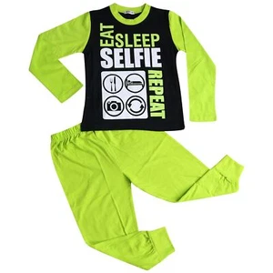 Kids Girls Boys Eat Sleep Selfie Repeat Pajamas Lime Lounge Wear PJS 2-13 Years - Picture 1 of 4