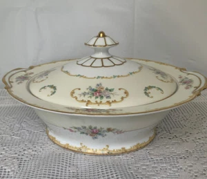 Vintage 1930’s NORITAKE “M" Round Covered Vegetable Bowl Gold, Cream, Green Japn - Picture 1 of 10