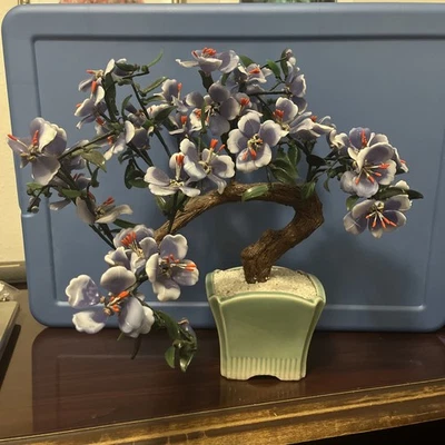 Vintage Glass Bonsai Tree Faux Flowering Purple Glass Flower Arrangement - Image 1 of 4
