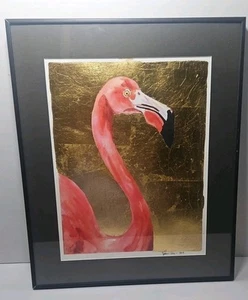 Original Flamingo Watercolor Painting w/ Gold Leaf 2017 Signed Framed - Picture 1 of 5