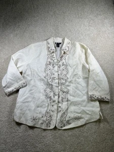 Carole Little Jacket Womens 1X White Linen Embroidered Beaded Long Sleeve Dressy - Picture 1 of 11