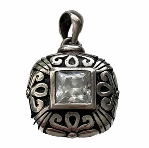 Vintage 925 Sterlingsilber Anhänger Charm Quadrat Blume Floral Schnörkel Klar CZ Stein - Bild 1 von 17