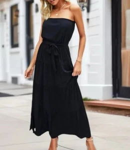 Boutique Elegant Off Shoulder Ruffle Dress Black Tie Waist Design Maxi Sz Medium - Picture 1 of 7
