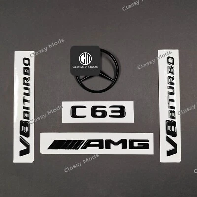 C63 AMG W205 Sedan Emblem Badge Combo SET For Mercedes-Benz Gloss Black Foto 1 de 4
