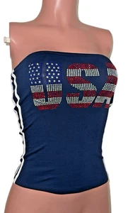 USA American Flag Rhinestone Bling Sporty 2 side Stripe Fitted Tube Top New Glam - Picture 1 of 3