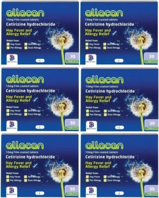 6 Months Supply Allacan Cetirizine Hayfever Allergy Tablets 30 x 6