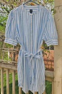Abito camicia GAP manica a sbuffo lino cotone XXL blu bianco cintura a righe bottoni - Foto 1 di 13