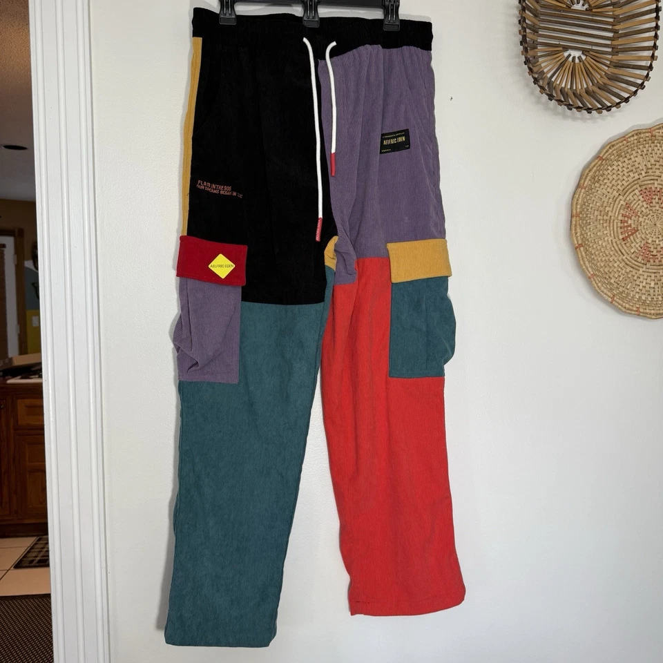Aelfric Eden Pants Mens L Color Block Patchwork Corduroy 90s Hip Hop Cargo Baggy - Image 1 of 4