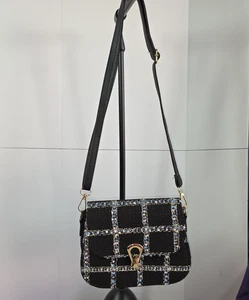 Tweed schwarze Handtasche schwarz und blau quadratisch Crossbody Arbeitskleidung Reise kompakt - Bild 1 von 10