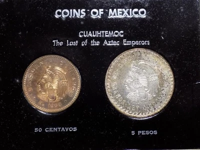 Monedas de México - Cuauhtémoc - 1948 5 Pesos y 1959 50 Centavos - ¡Monedas BU! Foto 1 de 4