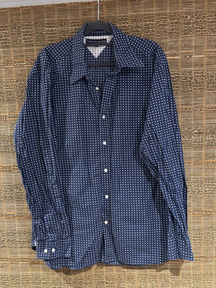 Tommy Hilfiger Navy Blue & White Polka Dot Long Sleeve Men's Shirt Large Cotton - Image 1 of 4