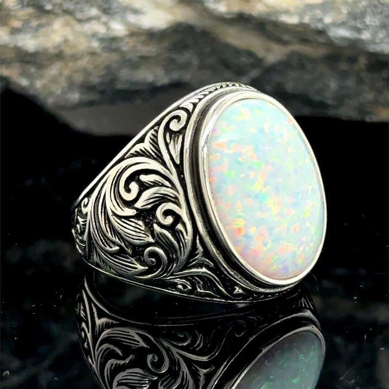 Anillo de plata ópalo blanco ópalo de fuego anillo de plata para hombre Foto 1 de 4
