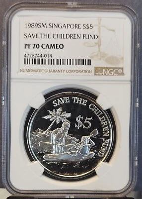 Singapur 1989 plata 5 dólares S$5 Save the Children Fund NGC PF 70 camafeo Foto 1 de 3
