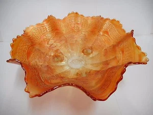 LARGE FENTON TWO FLOWERS MARIGOLD CARNIVAL GLASS FOOTED BOWL - Picture 1 of 12