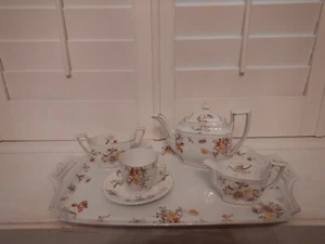 Antique Victorian Porcelain Tea Set Cabaret Teapot Tray Florals Breakfast Set - Picture 1 of 12