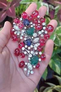 Colorful Gemstone Flower Bouquet CZ Ruby Pin Brooch Unisex Cabochon and Carved - Picture 1 of 6