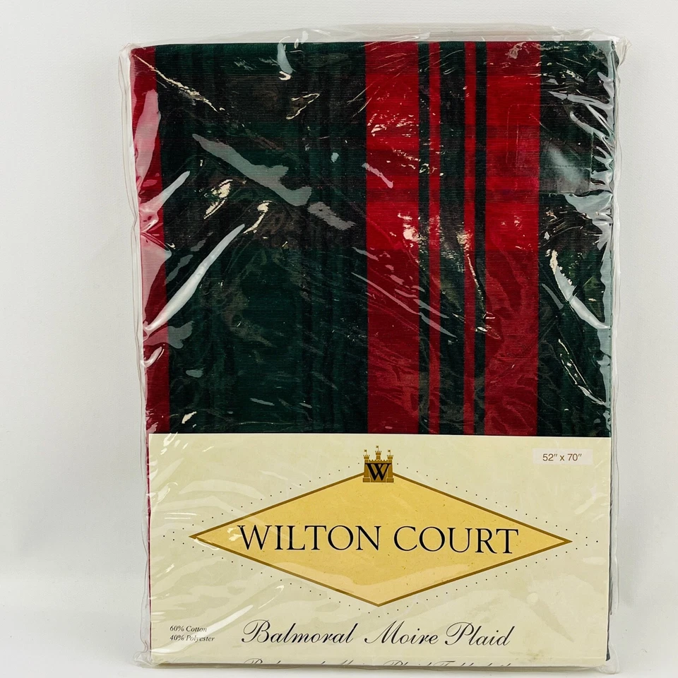 Wilton Court Balmoral Moire Plaid Tablecloth 52" x 70" Red Green Christmas - Image 1 of 4