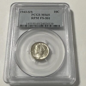 1943-S/S MERCURY DIME PCGS GRADED MS-65!! FS-501 RPM REPUNCHED MINT MARK - Picture 1 of 5