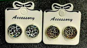 2 pairs of hand made leopard print glass/acrylic silver plated 12 mm  earrings - Picture 1 of 4