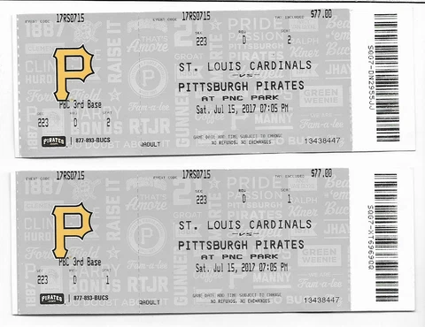 2 TICKETS,JULY 15,2017 PNC,HOME GAME PITTSBURGH PIRATES VS ST. LOUIS CARDINALS Cover