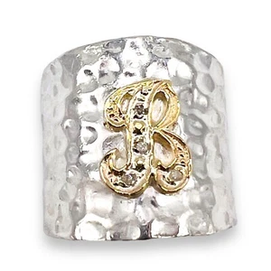 10k Yellow Gold Initial Diamond Letter B on 925 Sterling Silver Ring - Picture 1 of 13