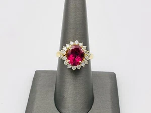 18K Yellow Gold Diamond & Pink Tourmaline Ring Size 7.50 Ladies Estate Piece - Picture 1 of 7